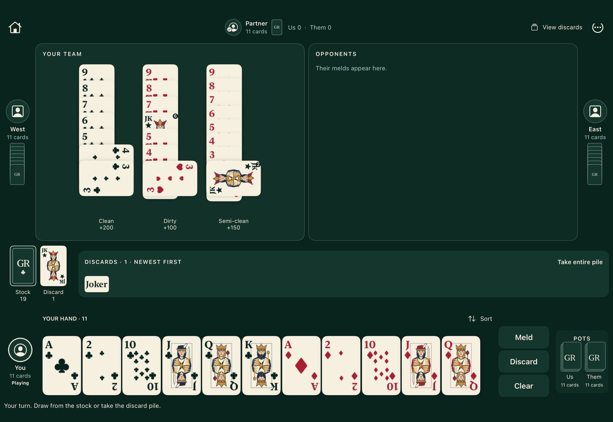 The American Burraco table on iPad: your hand of eleven cards at the bottom and three finished Burracos in your team's melds, marked clean, dirty and semi-clean.