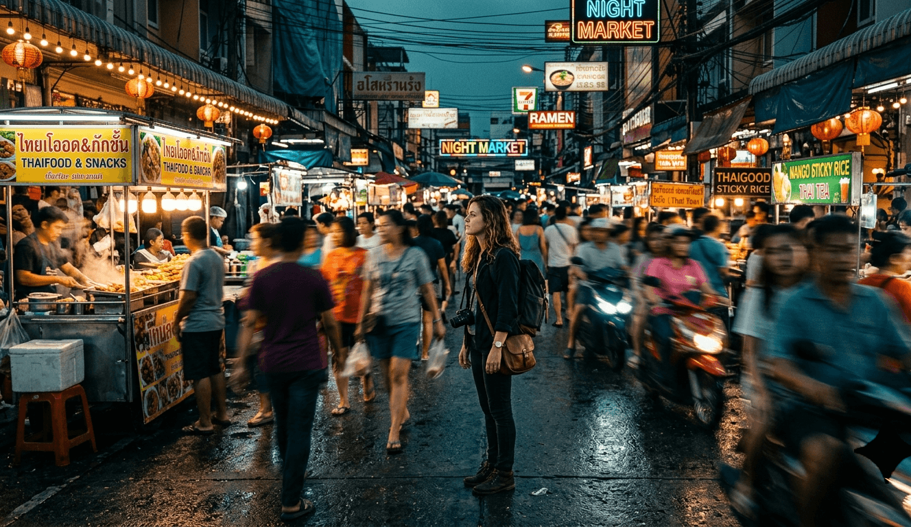 Individual observing a bustling foreign market with a sense of detachment.