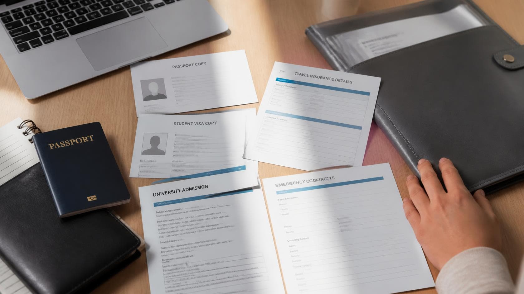 Printed copies of passport, visa and university documents, an essential item on any semester abroad packing list