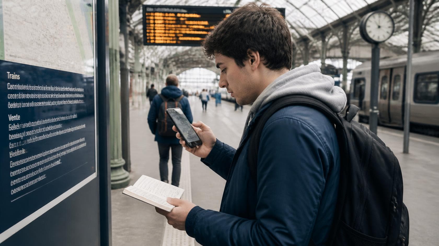 International student using an offline translation app and phrase notebook at a foreign train station.