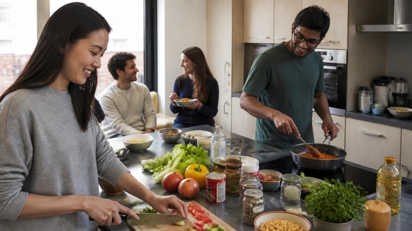 International students preparing different types of food in a shared kitchen